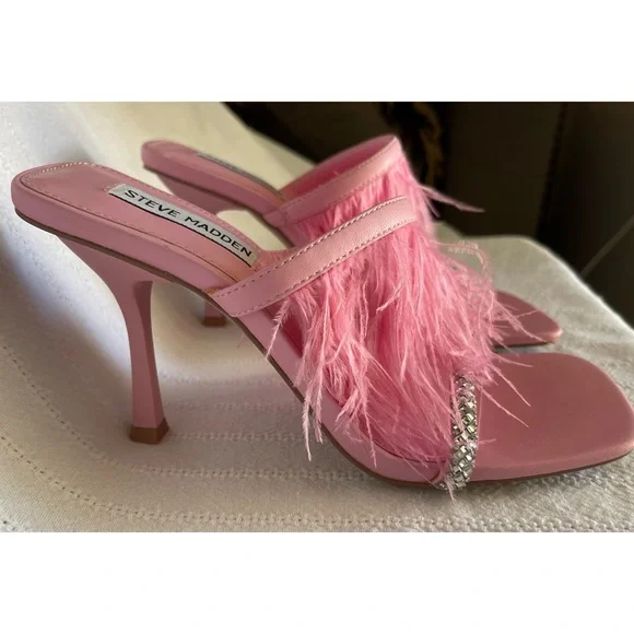 Steve Madden Avilon Feather and Rhinestone Slide Dress Sandals in Pink - Picture 5 of 9